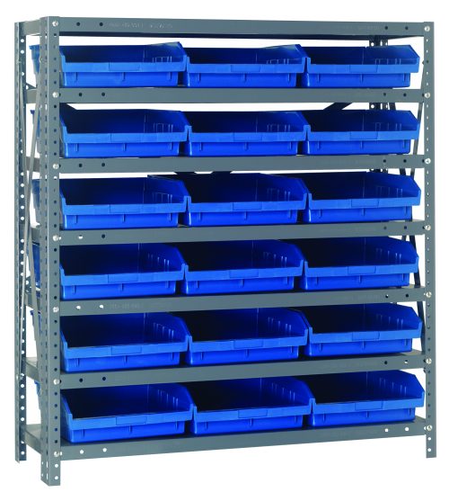 The Quantum Shelving Unit, 12D x 36L x 39H, features seven galvanized steel shelves with a 400 lb. load capacity each and includes 18 blue black QSB109 bins measuring 11-5/8L x 11-1/8W x 4H for optimal storage and organization.