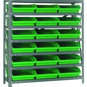 The Quantum Shelving Unit, crafted from galvanized steel, measures 12D x 36L x 39H and has a 400 lb. load capacity per shelf. It includes seven shelves and eighteen QSB109 green bins (11-5/8L x 11-1/8W x 4H), providing a compact and efficient storage solution.
