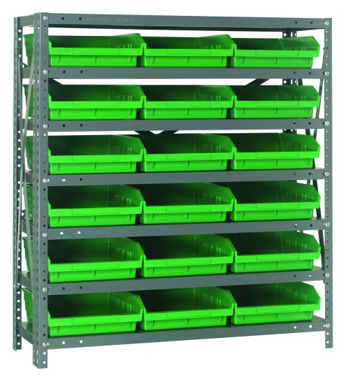 The Quantum Shelving Unit, crafted from galvanized steel, measures 12D x 36L x 39H and has a 400 lb. load capacity per shelf. It includes seven shelves and eighteen QSB109 green bins (11-5/8L x 11-1/8W x 4H), providing a compact and efficient storage solution.