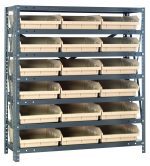 The Quantum Shelving Unit, a heavy-duty steel structure with galvanized finish, features seven shelves each handling 400 lbs. It includes 18 ivory black QSB109 bins for organized storage. Its sleek design offers easy access and stands elegantly in any setting, measuring 12D x 36L x 39H.