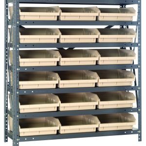 The Quantum Shelving Unit, a heavy-duty steel structure with galvanized finish, features seven shelves each handling 400 lbs. It includes 18 ivory black QSB109 bins for organized storage. Its sleek design offers easy access and stands elegantly in any setting, measuring 12D x 36L x 39H.