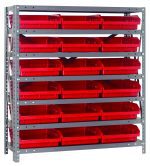 The Quantum Shelving Unit is a heavy-duty structure with a 400 lb. load capacity per shelf, featuring seven shelves and 18 red bins, each measuring 11-5/8L x 11-1/8W x 4H. Made of galvanized steel, it includes uprights and cross bars for enhanced support and durability.