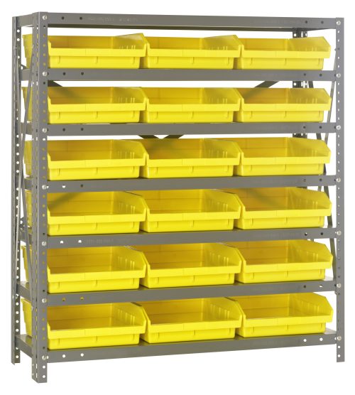 The Quantum Shelving Unit, measuring 12D x 36L x 39H, has a galvanized steel finish and heavy-duty design with a 400 lb. load capacity per shelf. It includes seven shelves holding eighteen (QSB109) yellow and black bins, offering robust functionality with industrial style.