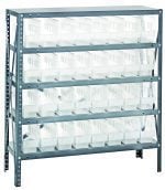 The Quantum Shelving Unit is a heavy-duty, 12D x 36L x 39H system with five shelves, each capable of holding up to 400 lbs. It includes 18 clear black bins (11-5/8L x 4-1/8W x 6H), perfect for organizing small items, all made with a galvanized steel finish.
