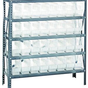 The Quantum Shelving Unit is a heavy-duty, 12D x 36L x 39H system with five shelves, each capable of holding up to 400 lbs. It includes 18 clear black bins (11-5/8L x 4-1/8W x 6H), perfect for organizing small items, all made with a galvanized steel finish.