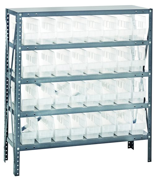 The Quantum Shelving Unit is a heavy-duty, 12D x 36L x 39H system with five shelves, each capable of holding up to 400 lbs. It includes 18 clear black bins (11-5/8L x 4-1/8W x 6H), perfect for organizing small items, all made with a galvanized steel finish.