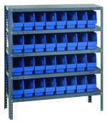 The Quantum Shelving Unit, measuring 12D x 36L x 39H, has a galvanized steel finish and supports up to 400 lbs per shelf. It includes five shelves and comes with 18 blue plastic bins (11-5/8L x 4-1/8W x 6H), featuring open fronts for easy access.