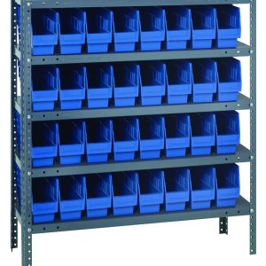 The Quantum Shelving Unit, measuring 12D x 36L x 39H, has a galvanized steel finish and supports up to 400 lbs per shelf. It includes five shelves and comes with 18 blue plastic bins (11-5/8L x 4-1/8W x 6H), featuring open fronts for easy access.