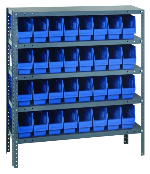 The Quantum Shelving Unit, measuring 12D x 36L x 39H, has a galvanized steel finish and supports up to 400 lbs per shelf. It includes five shelves and comes with 18 blue plastic bins (11-5/8L x 4-1/8W x 6H), featuring open fronts for easy access.