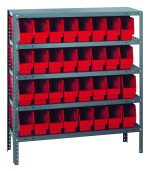 The Quantum Shelving Unit, measuring 12D x 36L x 39H, includes five heavy-duty shelves with a load capacity of 400 lbs each. It comes with galvanized steel uprights and crossbars, and features 18 red open-front bins (11-5/8L x 4-1/8W x 6H) for easy access.