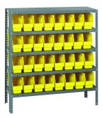The Quantum Shelving Unit, measuring 12D x 36L x 39H, is a heavy-duty system with five shelves that hold up to 400 lbs each. It includes 18 bright yellow Qsb201 bins (11-5/8L x 4-1/8W x 6H), offering a neat and organized look. The structure features galvanized steel uprights and cross bars.