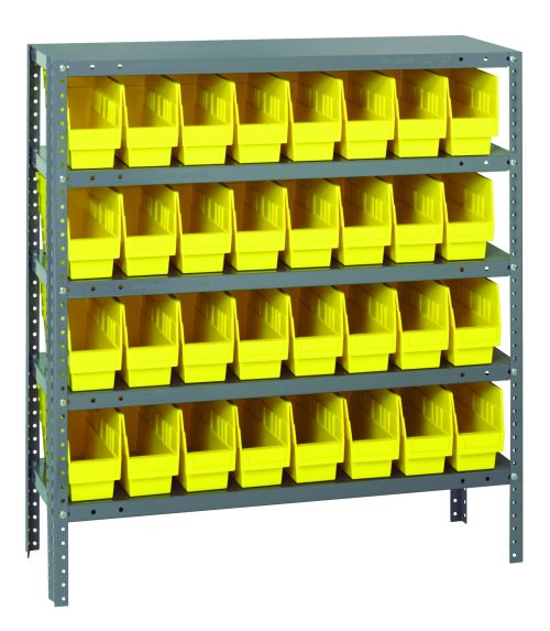 The Quantum Shelving Unit, measuring 12D x 36L x 39H, is a heavy-duty system with five shelves that hold up to 400 lbs each. It includes 18 bright yellow Qsb201 bins (11-5/8L x 4-1/8W x 6H), offering a neat and organized look. The structure features galvanized steel uprights and cross bars.