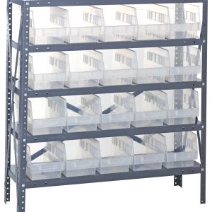The Quantum Shelving Unit, measuring 12D x 36L x 39H, includes five shelves and fits 20 QSB202 clear black bins (11-5/8L x 6-5/8W x 6H), each supporting a load of up to 400 lbs. Its galvanized steel frame features perforated holes for breathability and optimal bin spacing.