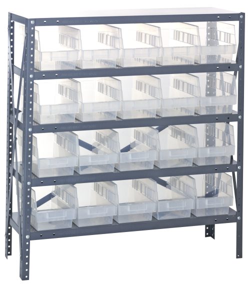 The Quantum Shelving Unit, measuring 12D x 36L x 39H, includes five shelves and fits 20 QSB202 clear black bins (11-5/8L x 6-5/8W x 6H), each supporting a load of up to 400 lbs. Its galvanized steel frame features perforated holes for breathability and optimal bin spacing.