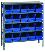 The Quantum Shelving Unit is 12D x 36L x 39H, boasting five heavy-duty shelves, each with a 400 lb. capacity. It holds (20) QSB202 blue black bins (11-5/8L x 6-5/8W x 6H) with open fronts for easy access and features an industrial galvanized steel finish with uprights and cross bars.