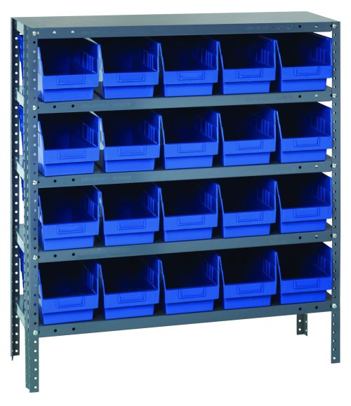 The Quantum Shelving Unit is 12D x 36L x 39H, boasting five heavy-duty shelves, each with a 400 lb. capacity. It holds (20) QSB202 blue black bins (11-5/8L x 6-5/8W x 6H) with open fronts for easy access and features an industrial galvanized steel finish with uprights and cross bars.