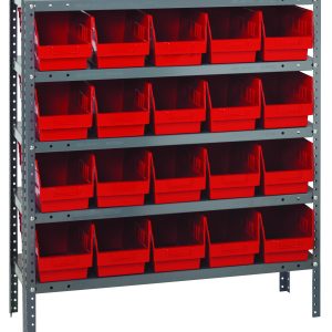 The Quantum Shelving Unit measures 12D x 36L x 39H and includes five shelves, each with a 400 lb. load capacity. It accommodates twenty 11-5/8L x 6-5/8W x 6H (QSB202) red and black bins with front openings for easy access, all in a galvanized steel finish.