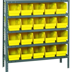 The Quantum Shelving Unit measures 12D x 36L x 39H and features five adjustable shelves with a 400 lb. load capacity each. It includes 20 yellow black bins (11-5/8L x 6-5/8W x 6H) and is supported by galvanized steel uprights and crossbars.