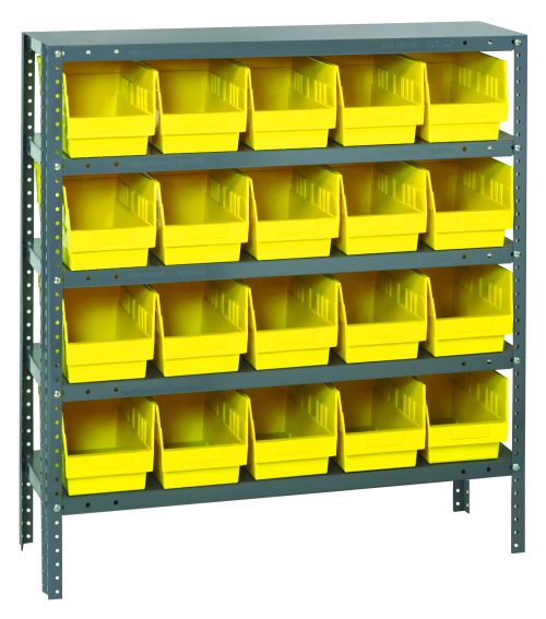 The Quantum Shelving Unit measures 12D x 36L x 39H and features five adjustable shelves with a 400 lb. load capacity each. It includes 20 yellow black bins (11-5/8L x 6-5/8W x 6H) and is supported by galvanized steel uprights and crossbars.