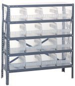 The Quantum Shelving Unit measures 12D x 36L x 39H and features five heavy-duty galvanized steel shelves, each with a 400 lb. load capacity. It includes 16 clear black bins (11-5/8L x 8-3/8W x 6H), offering exceptional storage functionality on a light background.