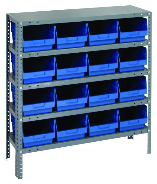 1239-207_BL.jpg The Quantum Shelving Unit is a heavy-duty organizer with five shelves, each holding up to 400 lbs. It includes 16 blue bins and features perforated sides for flexible shelf placement. Measuring 12D x 36L x 39H, it’s perfect for organizing small items efficiently in galvanized steel finish.