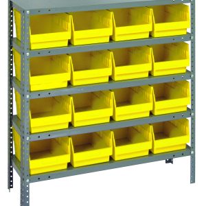 The Quantum Heavy Duty Shelving Unit, measuring 12D x 36L x 39H, includes five galvanized steel shelves with a 400 lb. load capacity each and comes with sixteen QSB207 yellow-black bins (11-5/8L x 8-3/8W x 6H), ideal for organizing small items against a plain white backdrop.