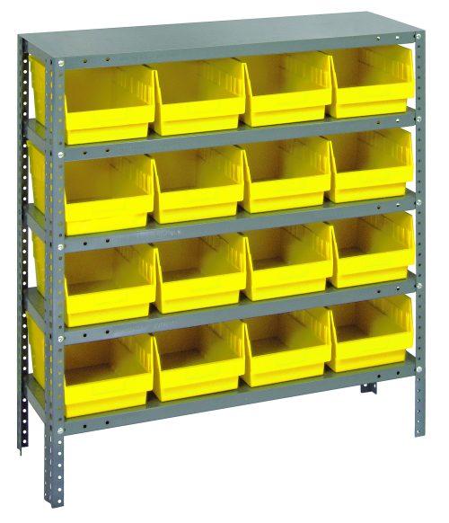 The Quantum Heavy Duty Shelving Unit, measuring 12D x 36L x 39H, includes five galvanized steel shelves with a 400 lb. load capacity each and comes with sixteen QSB207 yellow-black bins (11-5/8L x 8-3/8W x 6H), ideal for organizing small items against a plain white backdrop.