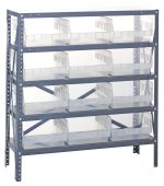 The Quantum Shelving Unit is a heavy-duty metal structure with five shelves and a 400 lb. load capacity per shelf, featuring twelve clear black bins (11-5/8L x 11-1/8W x 6H QSB209). It offers organized storage with easy visibility, supported by a durable dark gray frame. Dimensions: 12D x 36L x 39H.