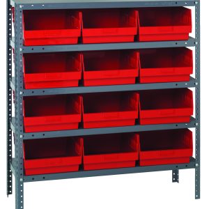 The Quantum Shelving Unit features a galvanized steel finish with five shelves, each with a 400 lb. load capacity. It includes twelve red bins (11-5/8L x 11-1/8W x 6H) and comes with uprights and cross bars for stability, offering versatile storage in its sleek design measuring 12D x 36L x 39H.