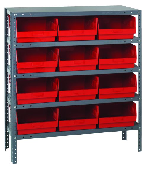 1239-209_RD.jpg The Quantum Shelving Unit features a galvanized steel finish with five shelves, each with a 400 lb. load capacity. It includes twelve red bins (11-5/8L x 11-1/8W x 6H) and comes with uprights and cross bars for stability, offering versatile storage in its sleek design measuring 12D x 36L x 39H.