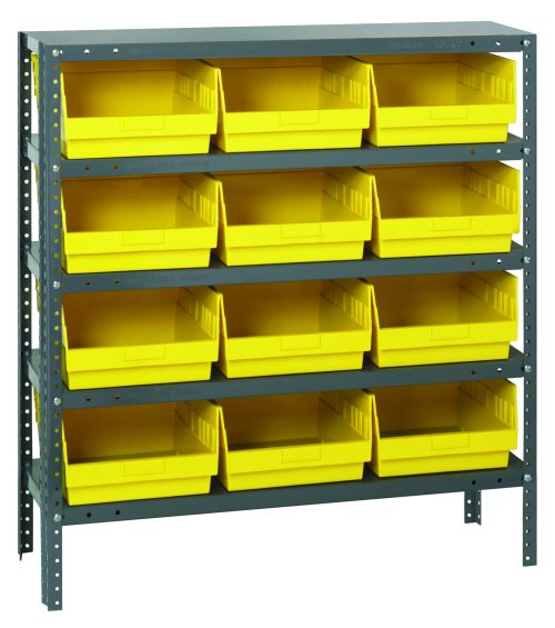 The Quantum Shelving Unit, 12D x 36L x 39H, is a heavy-duty metal unit with a galvanized steel finish and includes five shelves. Each shelf holds three QSB209 yellow bins (11-5/8L x 11-1/8W x 6H) with open fronts for easy access, supporting up to 400 lbs per shelf.