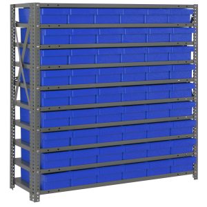 The Quantum Shelving Unit, measuring 12D x 36L x 39H, has a 400 lb. capacity per shelf and comes with 10 shelves and 54 QED401 blue/black bins (11-5/8L x 5-9/16W x 2-1/8H). Its galvanized steel finish ensures sturdy upright organization and storage efficiency.