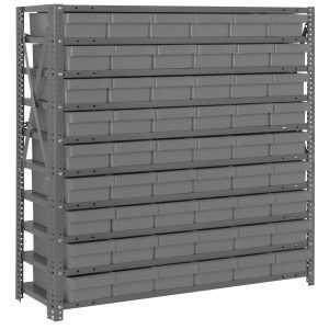 The Quantum Shelving Unit, measuring 12D x 36L x 39H, features a heavy-duty design with a 400 lb. load capacity per shelf. It includes 10 shelves and (54) QED401 clear black bins measuring 11-5/8L x 5-9/16W x 2-1/8H, complete with uprights and cross bars in a galvanized steel finish.