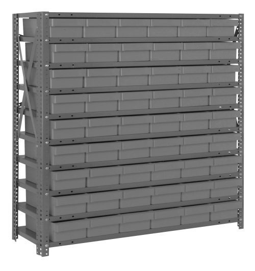 The Quantum Shelving Unit, measuring 12D x 36L x 39H, features a heavy-duty design with a 400 lb. load capacity per shelf. It includes 10 shelves and (54) QED401 clear black bins measuring 11-5/8L x 5-9/16W x 2-1/8H, complete with uprights and cross bars in a galvanized steel finish.