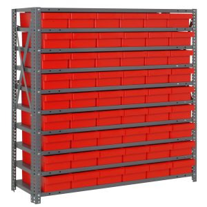The Quantum Shelving Unit is a tall gray metal structure with a galvanized steel finish, measuring 12D x 36L x 39H. It features 10 shelves with a robust 400 lb load capacity each and includes 54 red and black bins, providing an organized look on any white background.