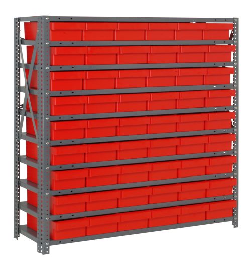 1239-401_RD.jpg The Quantum Shelving Unit is a tall gray metal structure with a galvanized steel finish, measuring 12D x 36L x 39H. It features 10 shelves with a robust 400 lb load capacity each and includes 54 red and black bins, providing an organized look on any white background.