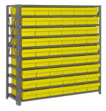 The Quantum Shelving Unit is a sturdy heavy-duty steel structure measuring 12D x 36L x 39H, featuring ten shelves with 54 yellow bins (11-5/8L x 5-9/16W x 2-1/8H) in a galvanized finish, supporting up to 400 lbs per shelf.