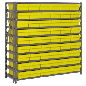 The Quantum Shelving Unit is a sturdy heavy-duty steel structure measuring 12D x 36L x 39H, featuring ten shelves with 54 yellow bins (11-5/8L x 5-9/16W x 2-1/8H) in a galvanized finish, supporting up to 400 lbs per shelf.