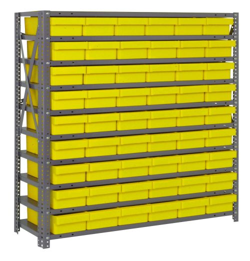 The Quantum Shelving Unit is a sturdy heavy-duty steel structure measuring 12D x 36L x 39H, featuring ten shelves with 54 yellow bins (11-5/8L x 5-9/16W x 2-1/8H) in a galvanized finish, supporting up to 400 lbs per shelf.
