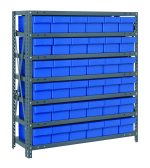 The Quantum Shelving Unit is a heavy-duty storage solution with seven shelves, each supporting up to 400 lbs. It includes 36 blue plastic bins and features a sturdy gray frame made of galvanized steel, perfect for industrial or garage use.