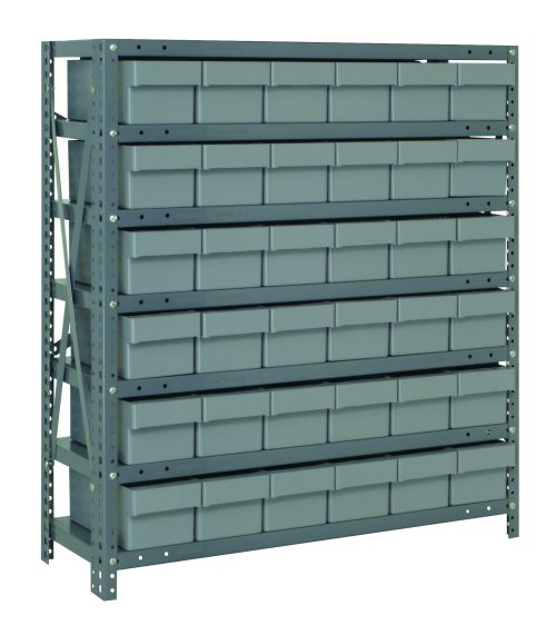 The Quantum Shelving Unit measures 12D x 36L x 39H and includes seven heavy-duty shelves with a load capacity of 400 lbs each. It comes with 36 clear black bins (11-5/8L x 5-9/16W x 4-5/8H) and features galvanized steel uprights and cross bars for robust support and organization.