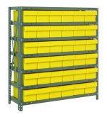The Quantum Shelving Unit, measuring 12D x 36L x 39H, includes (7) shelves and (36) yellow black bins (11-5/8L x 5-9/16W x 4-5/8H QED601). Each shelf supports up to 400 lbs., offering organized storage with galvanized steel finish, uprights, and cross bars.
