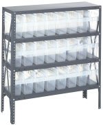 The Quantum Shelving Unit, sized 12D x 36L x 39H, features a galvanized steel finish with four heavy-duty shelves, each supporting up to 400 lbs., and includes 24 clear black bins (QSB801) measuring 11-5/8L x 4-3/8W x 8H. Perfect for organizing items in workshops or garages.