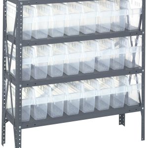 The Quantum Shelving Unit, sized 12D x 36L x 39H, features a galvanized steel finish with four heavy-duty shelves, each supporting up to 400 lbs., and includes 24 clear black bins (QSB801) measuring 11-5/8L x 4-3/8W x 8H. Perfect for organizing items in workshops or garages.