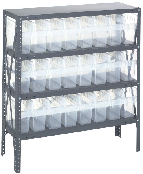 The Quantum Shelving Unit, sized 12D x 36L x 39H, features a galvanized steel finish with four heavy-duty shelves, each supporting up to 400 lbs., and includes 24 clear black bins (QSB801) measuring 11-5/8L x 4-3/8W x 8H. Perfect for organizing items in workshops or garages.