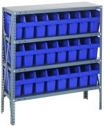 The Quantum Shelving Unit, measuring 12D x 36L x 39H, includes four shelves and 24 QSB801 blue black bins (11-5/8L x 4-3/8W x 8H), crafted for organized storage. Its galvanized steel finish supports a heavy-duty load of up to 400 lbs per shelf.