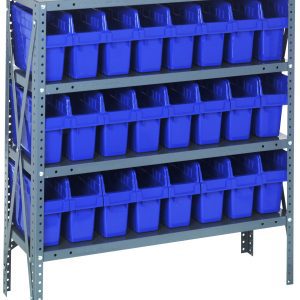 The Quantum Shelving Unit, measuring 12D x 36L x 39H, includes four shelves and 24 QSB801 blue black bins (11-5/8L x 4-3/8W x 8H), crafted for organized storage. Its galvanized steel finish supports a heavy-duty load of up to 400 lbs per shelf.