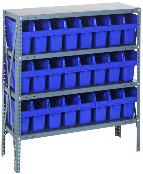 1239-801 blue The Quantum Shelving Unit, measuring 12D x 36L x 39H, includes four shelves and 24 QSB801 blue black bins (11-5/8L x 4-3/8W x 8H), crafted for organized storage. Its galvanized steel finish supports a heavy-duty load of up to 400 lbs per shelf.