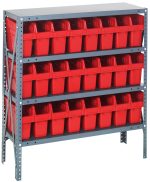The Quantum Shelving Unit, 12D x 36L x 39H, is a heavy-duty gray metal unit with four shelves, each holding up to 400 lbs. It includes 24 Qsb801 red plastic bins and stands on sturdy uprights and cross bars in a galvanized steel finish.