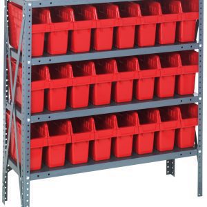 The Quantum Shelving Unit, 12D x 36L x 39H, is a heavy-duty gray metal unit with four shelves, each holding up to 400 lbs. It includes 24 Qsb801 red plastic bins and stands on sturdy uprights and cross bars in a galvanized steel finish.